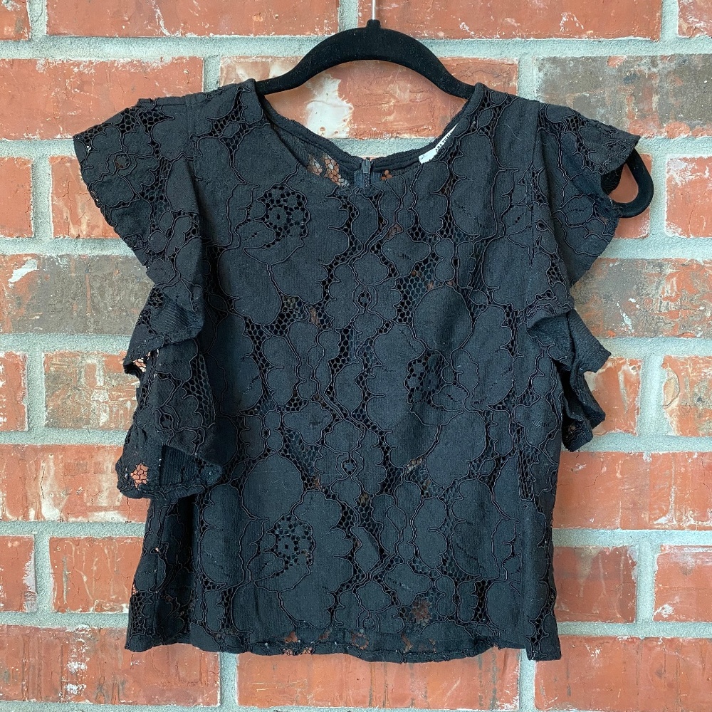 🍀Zara Black Lace flower mesh ruffle sleeve top